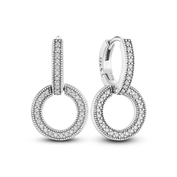 925 Sterling Silver Sparkling Double Cubic Zircon Round Hoop Earrings - Picture 1 of 9